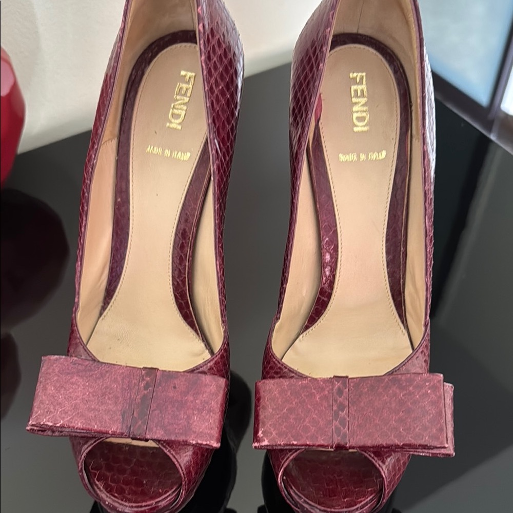 Fendi Red Quilted Peep-Toe Heels with Bow